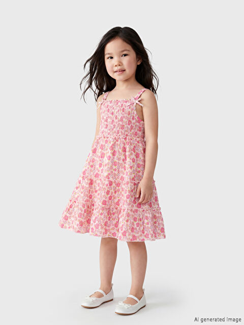 LCW Kids Kare Yaka Baskılı Kız Çocuk Krinkle Elbise