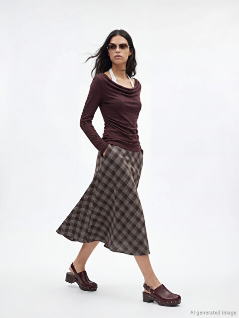 XSIDE Beli Fermuarlı Ekose Kloş Etek - S6N106Z8-LLM