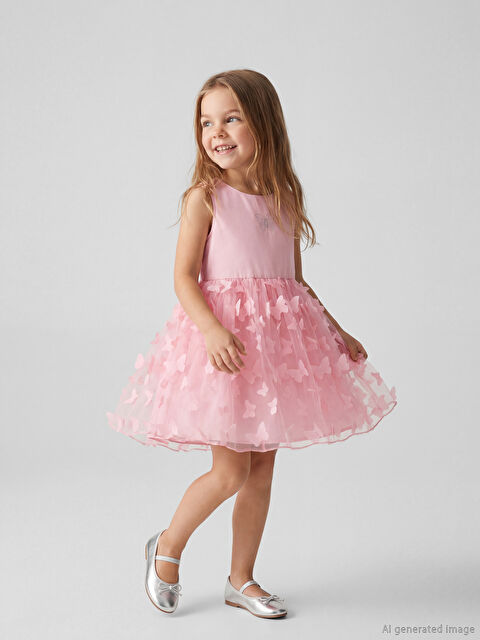 LCW Kids Bisiklet Yaka Tül Detaylı Kız Çocuk Elbise	