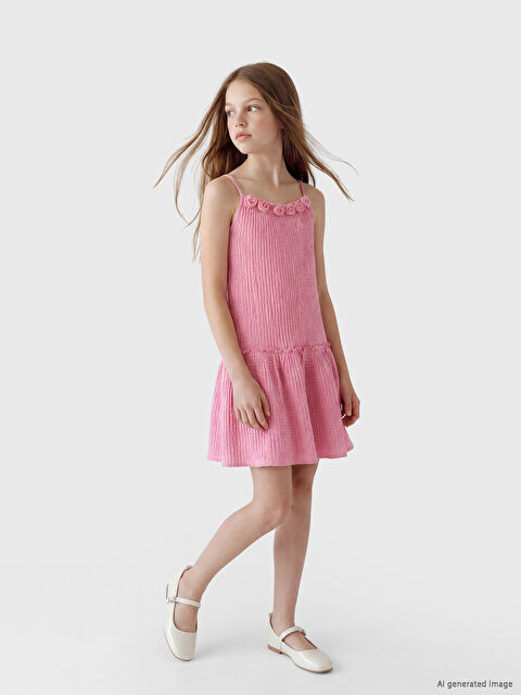 LCW Kids İp Askılı Gül Detaylı Kız Çocuk Elbise