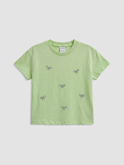 LCW Kids تي شيرت بناتي مطبوع بياقة دائرية مع فيونكة