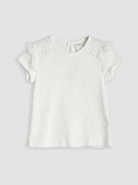 LCW Kids Bisiklet Yaka Nakışlı Kız Çocuk Tişört