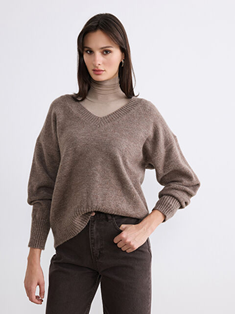 LCW Vision V Yaka Oversize Kadın Triko Kazak	 - S6N875Z8-D6H