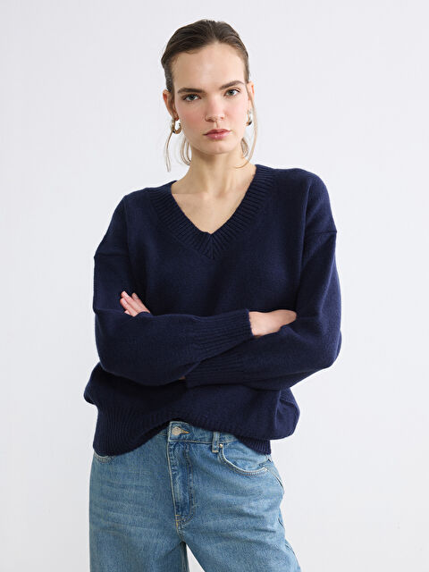 LCW Vision V Yaka Oversize Kadın Triko Kazak	 - S6N875Z8-HRZ