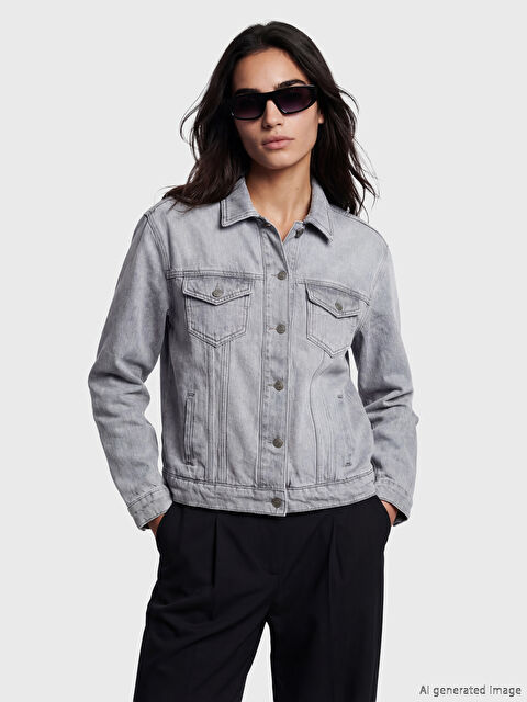 LCW Vision Gömlek Yaka Oversize Kadın Jean Ceket - S6NA86Z8-GRD