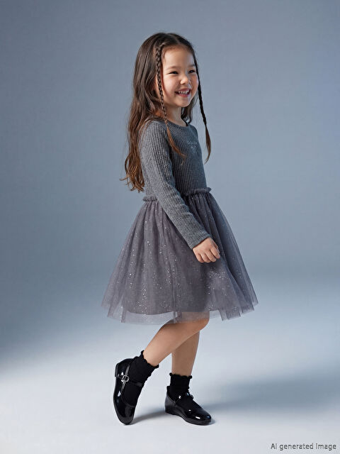 LCW Kids Bisiklet Yaka Nakışlı Kız Çocuk Tütü Elbise	 - S6NC39Z1-L8N