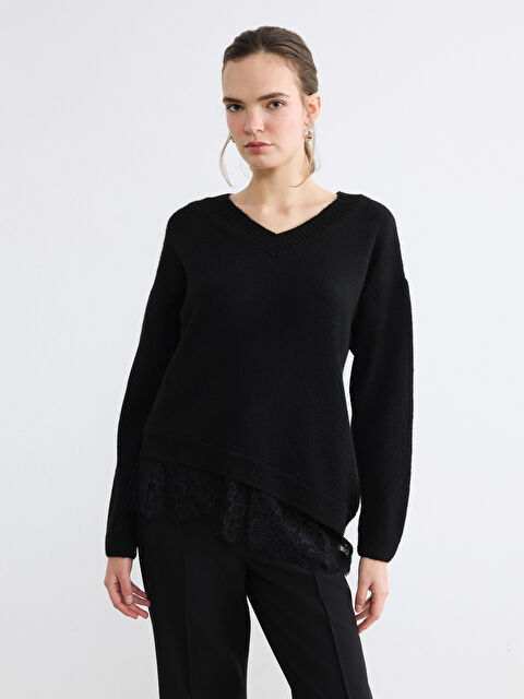 LCW Vision V Yaka Dantel Detaylı Kadın Triko Kazak - S6NC79Z8-CVL