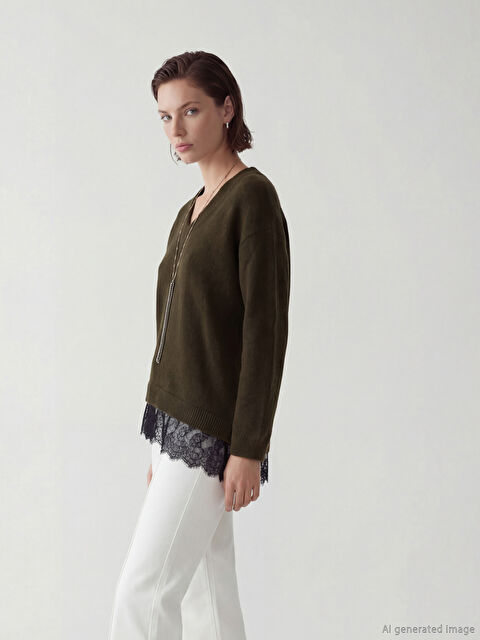 LCW Vision V Yaka Dantel Detaylı Kadın Triko Kazak - S6NC79Z8-GTT