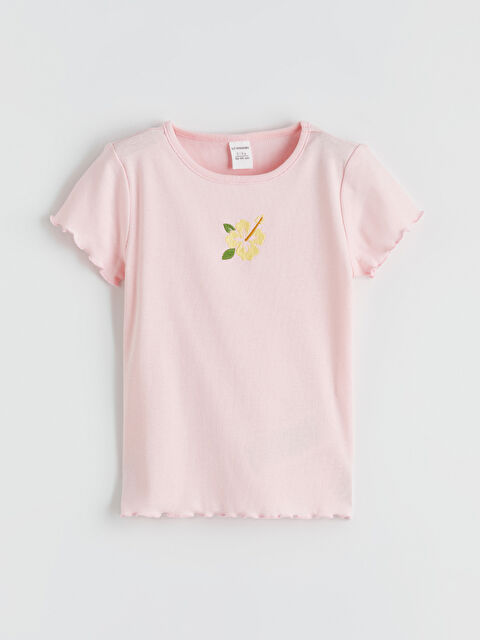LCW ECO Bisiklet Yaka Nakışlı Fırfırlı Kız Çocuk Tişört - S6ND04Z1-FVB