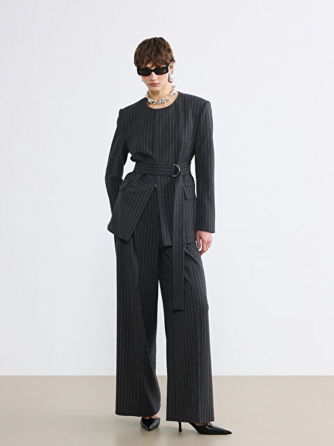 Soulife Loose Fit Çizgili Kadın Pileli Kumaş Pantolon - S6NE03Z8-LFZ