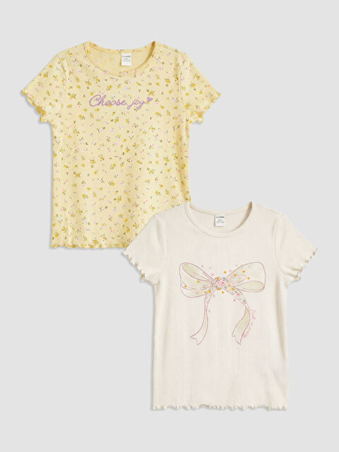 LCW Kids Bisiklet Yaka Baskılı Kız Çocuk 2'li Tişört