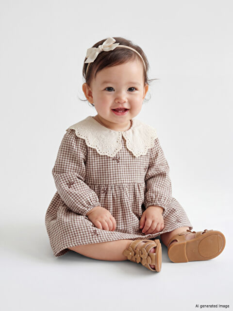 LCW baby Bebe Yaka Nakışlı Kız Bebek Müslin Elbise