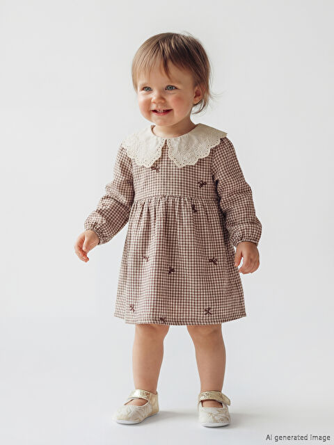 LCW baby Bebe Yaka Nakışlı Kız Bebek Müslin Elbise