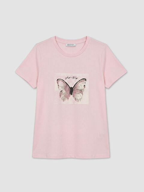LCW EVERYDAY Bisiklet Yaka Kelebek Baskılı Kadın Tişört