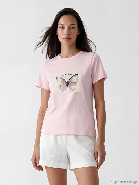 LCW EVERYDAY Bisiklet Yaka Kelebek Baskılı Kadın Tişört