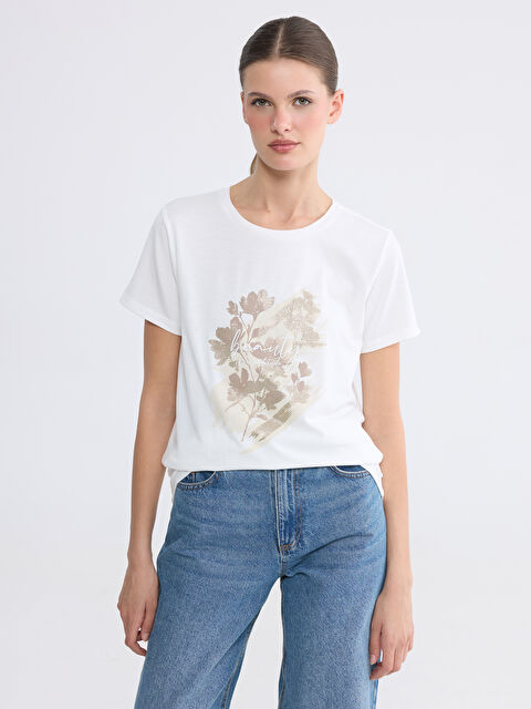 LCWAIKIKI Classic Bisiklet Yaka Baskılı Kadın Tişört - S6NH02Z8-R9J