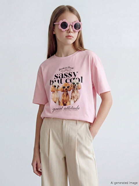 LCW Kids Bisiklet Yaka Baskılı Kız Çocuk Tişört - S6NH08Z4-QXC