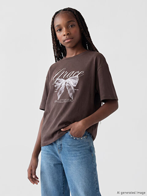 LCW Kids Bisiklet Yaka Baskılı Kız Çocuk Tişört