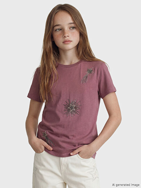 LCW Kids Bisiklet Yaka Boncuklu Kız Çocuk Tişört