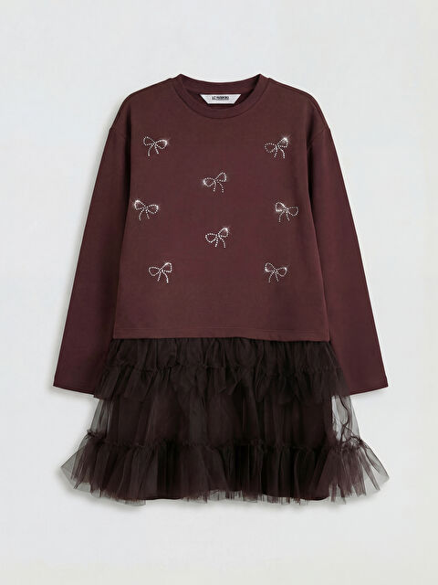 LCW Kids Bisiklet Yaka Fiyonk Taşlı Tüllü Kız Çocuk Elbise