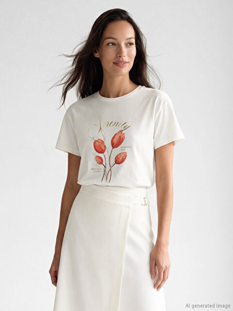 LCW EVERYDAY Bisiklet Yaka Baskılı Kadın Tişört