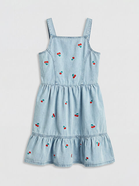 LCW Kids Kare Yaka Nakışlı Kız Çocuk Jean Elbise