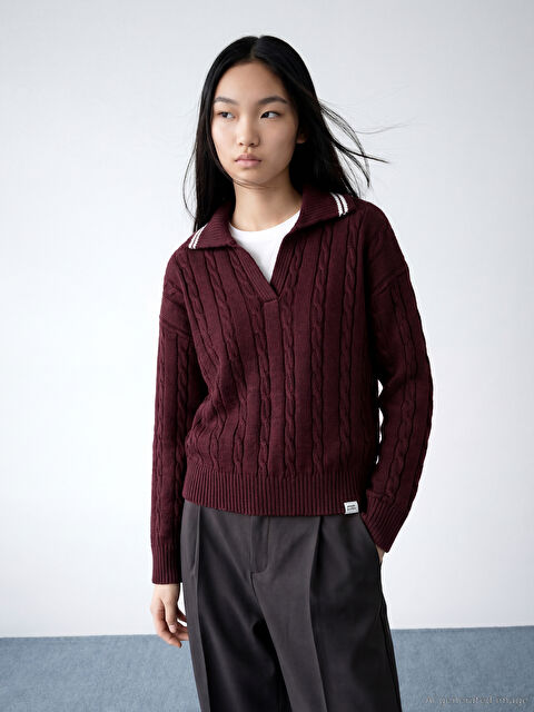 LCW Modest Polo Yaka Kendinden Desenli Kadın Triko Kazak - S6NM27Z8-ZMY