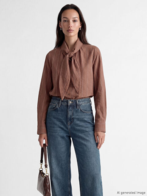 LCWAIKIKI Classic Fular Yakalı Çizgili Kadın Gömlek Tunik - S6NM30Z8-LEW