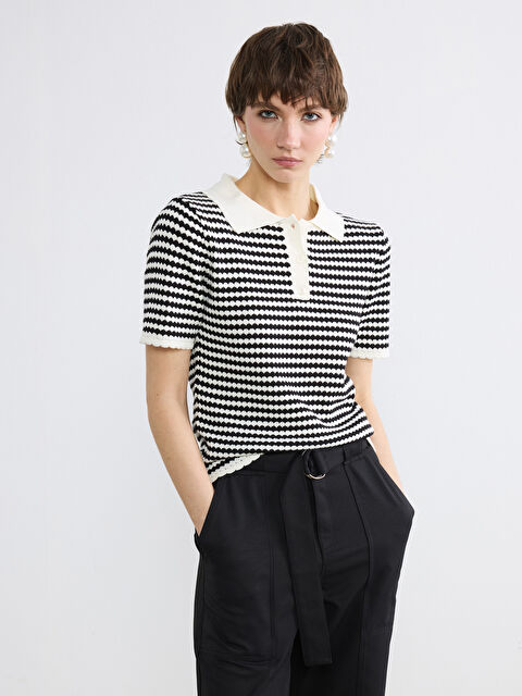 Soulife Polo Yaka Desenli Kadın Triko Kazak - S6NP81Z8-LKX