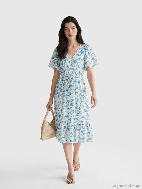 LCW Comfort V Yaka Çiçekli Belden Oturtmalı Elbise