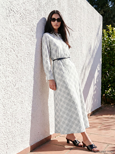 LCWAIKIKI Classic Gömlek Yaka Ekose Beli Kemerli Elbise