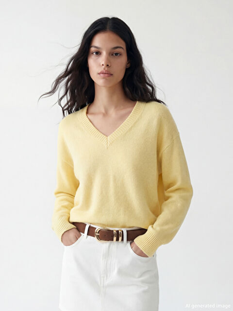 XSIDE V Yaka Oversize Kadın Triko Kazak - S6NS64Z8-YMR