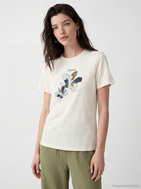 LCW Comfort Bisiklet Yaka Baskılı Kadın Tişört - S6NT51Z8-R9J