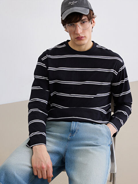 XSIDE Bisiklet Yaka Uzun Kollu Çizgili Erkek Tişört - S6NV72Z8-LEG