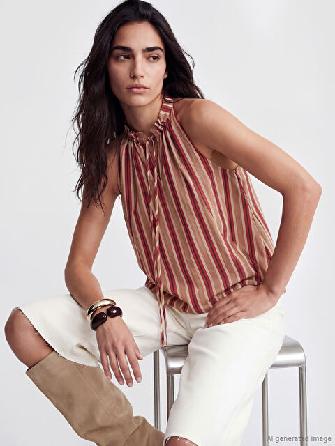 LCW Vision Bağlama Yaka Çizgili Bluz