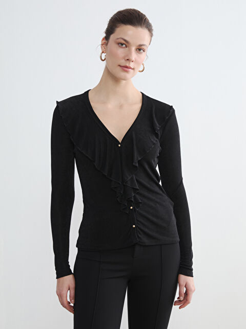 LCW EVERYDAY V Yaka Fırfırlı Kadın Hırka - S6O007Z8-CVL