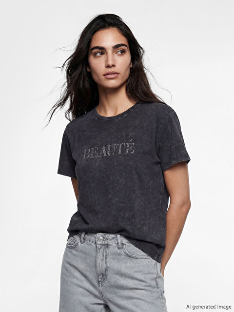 LCW Vision Bisiklet Yaka Taş Baskılı Kadın Tişört - S6O032Z8-DC4