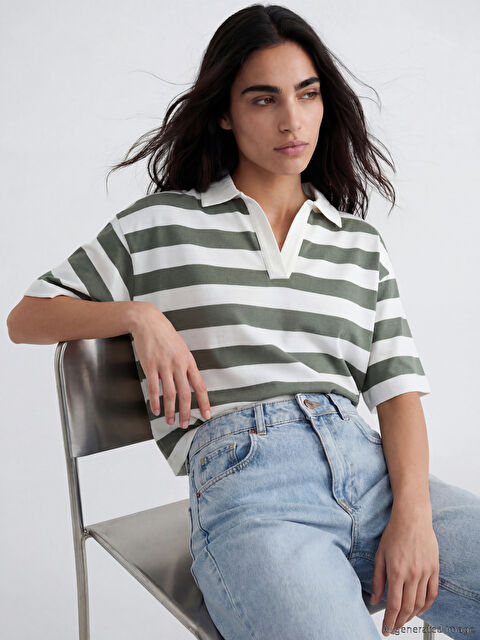 LCW Vision Polo Yaka Çizgili Kadın Tişört