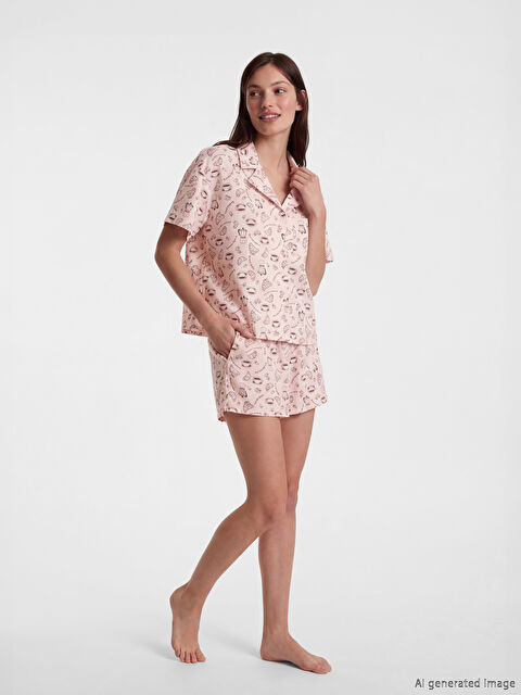 LCW DREAM Collared Neck Patterned Women's Shortie Pyjama Set - S6O122Z8-LT4
