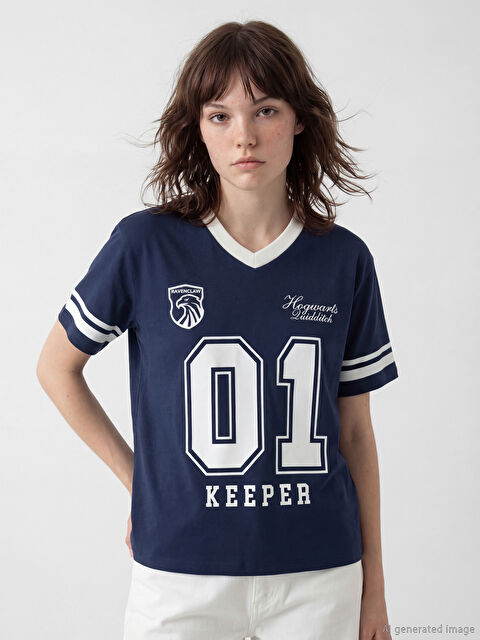 XSIDE V Yaka Harry Potter Baskılı Oversize Kadın Tişört - S6O150Z8-8N4