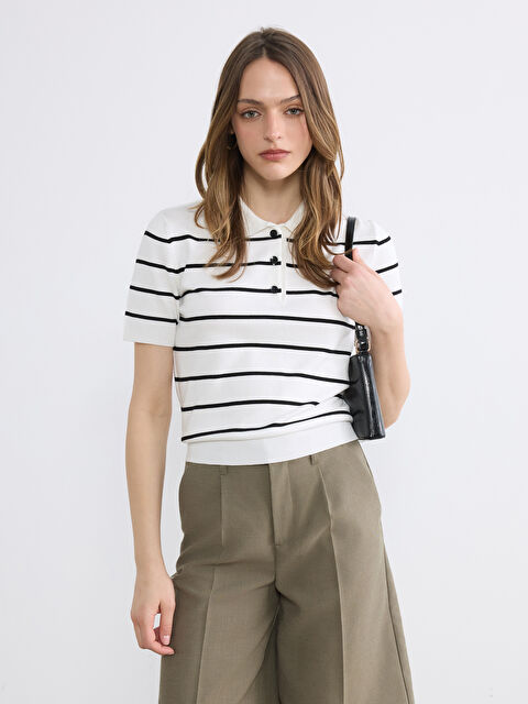 LCW Vision Polo Yaka Çizgili Kadın Triko Kazak - S6O361Z8-LFC