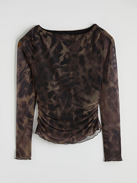 LCW Vision Kayık Yaka Leopar Desenli Büzgülü Bluz - S6O386Z8-LLL