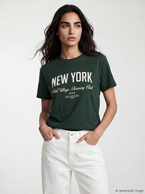 LCW Vision Bisiklet Yaka New York Baskılı Kadın Tişört - S6O454Z8-HQZ