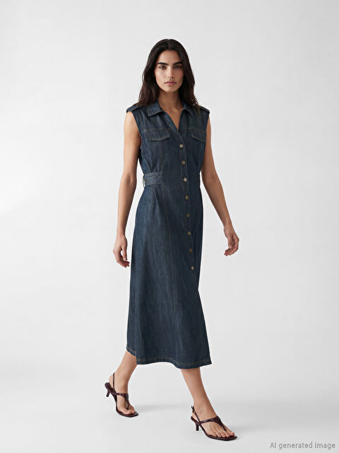 LCW Vision Gömlek Yaka Jean Elbise
