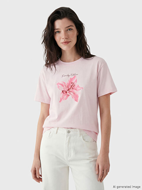 LCW Comfort Bisiklet Yaka Çiçek Baskılı Kadın Tişört - S6O542Z8-FXC