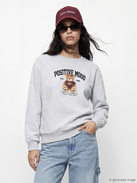 XSIDE Ayı Teddy Baskılı Oversize Kadın Kalın Sweatshirt - S6O816Z8-CY9