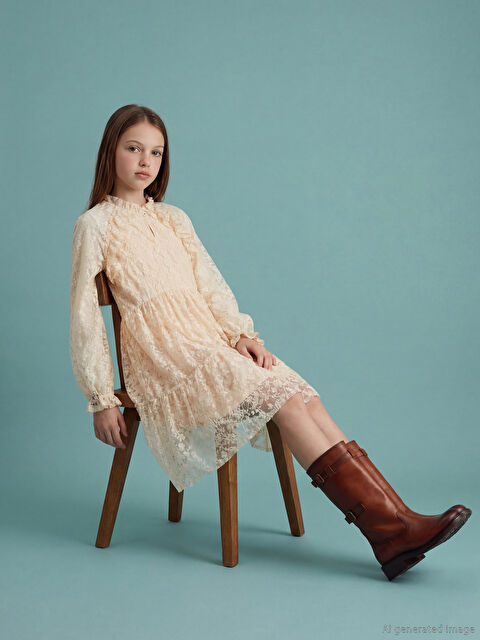 LCW Kids Hakim Yaka Fırfırlı Kız Çocuk Dantel Elbise - S6OC83Z4-R9J