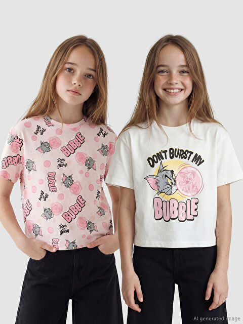 LCW Kids Tom ve Jerry Baskılı Kız Çocuk 2'li Tişört - S6OE54Z4-R9J