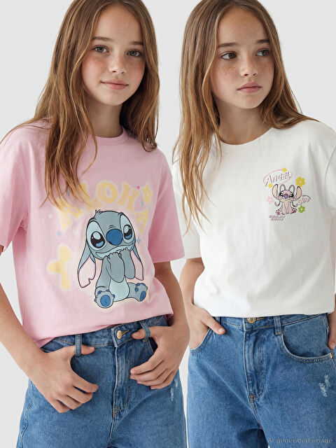 LCW Kids Stitch ve Angel Baskılı Kız Çocuk 2'li Tişört - S6OE60Z4-QXB