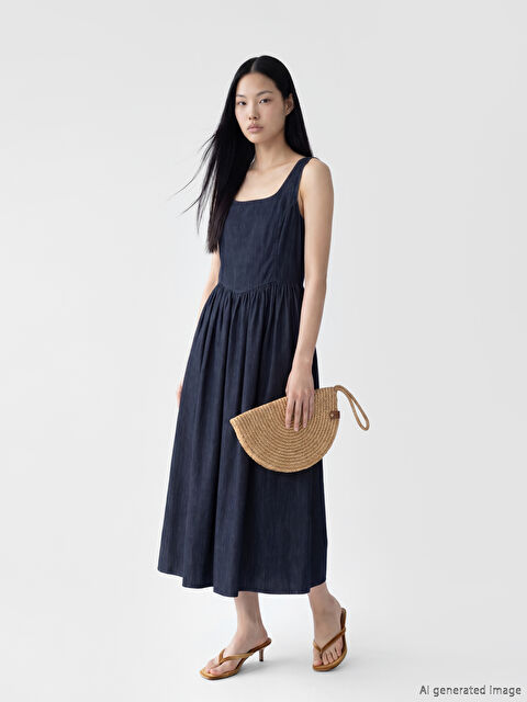 XSIDE Kare Yaka Pileli Jean Elbise